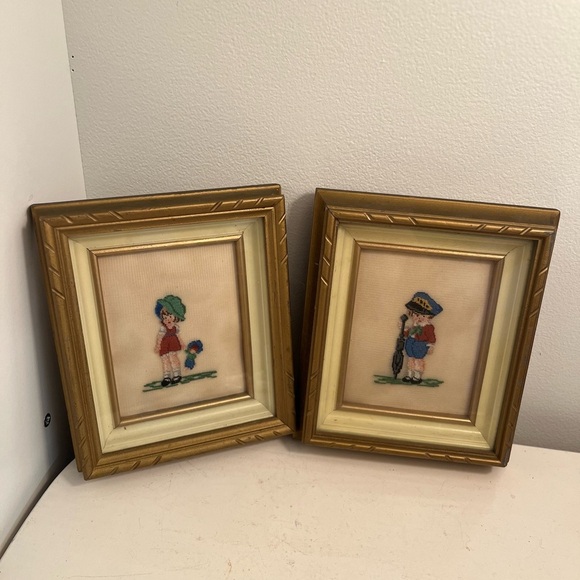 Vintage Embroidered Child Art in Gold Frames - Picture 1 of 1